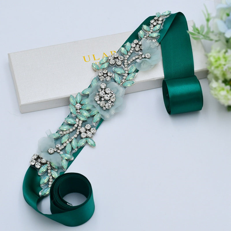 Rhinestone Decoration Handmade Rubber-backed Rhinestone Green Decorative Belt