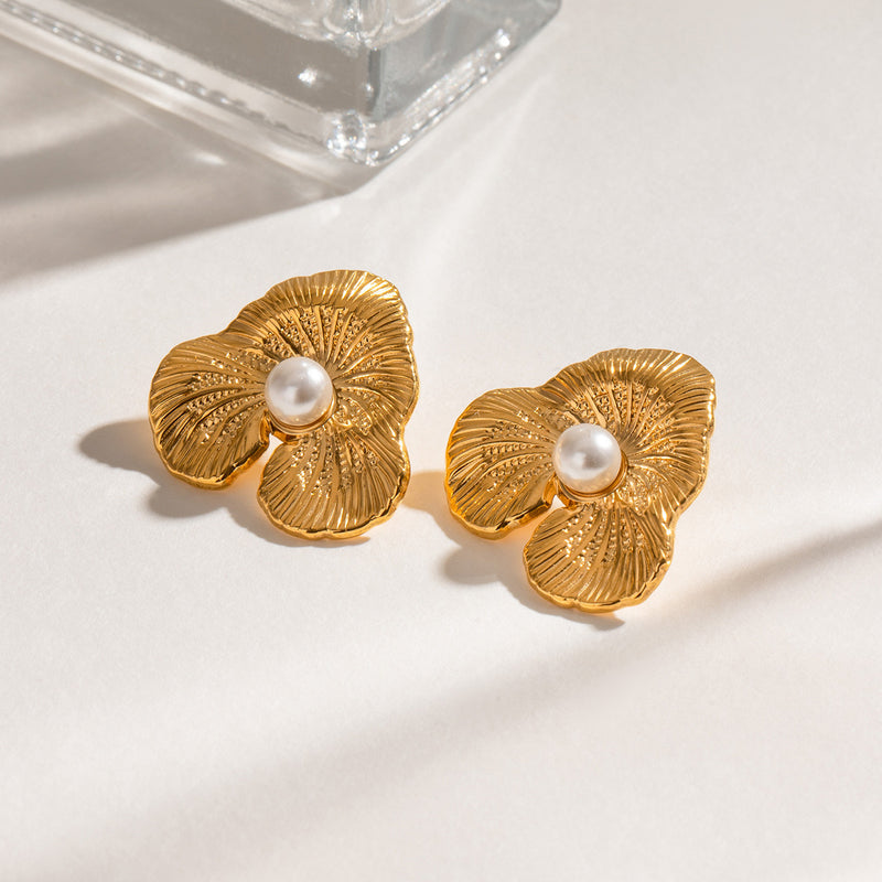 Stainless Steel Shell Pearls Rib Flower Earrings