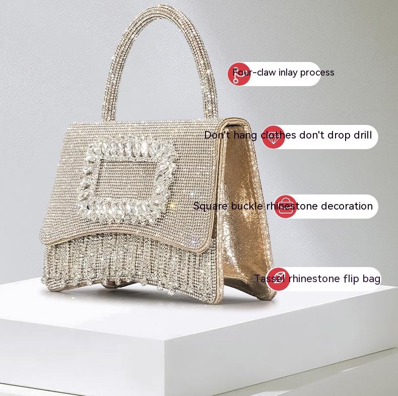 Square Buckle Hot Rhinestone Rhinestone Tote Female Tassel Flip Party Dinner Bag